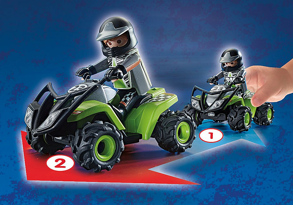 Playmobil Racing Quad set featuring a racecar driver, quad with pull-back motor, helmet, and winner's wreath for off-road adventures.