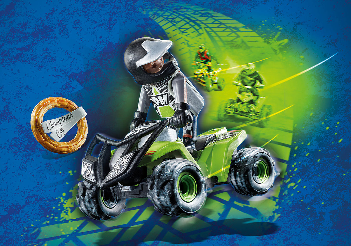 Playmobil Racing Quad set with racecar driver, pull-back motor, protective cage, helmet, gloves, and winner's wreath.