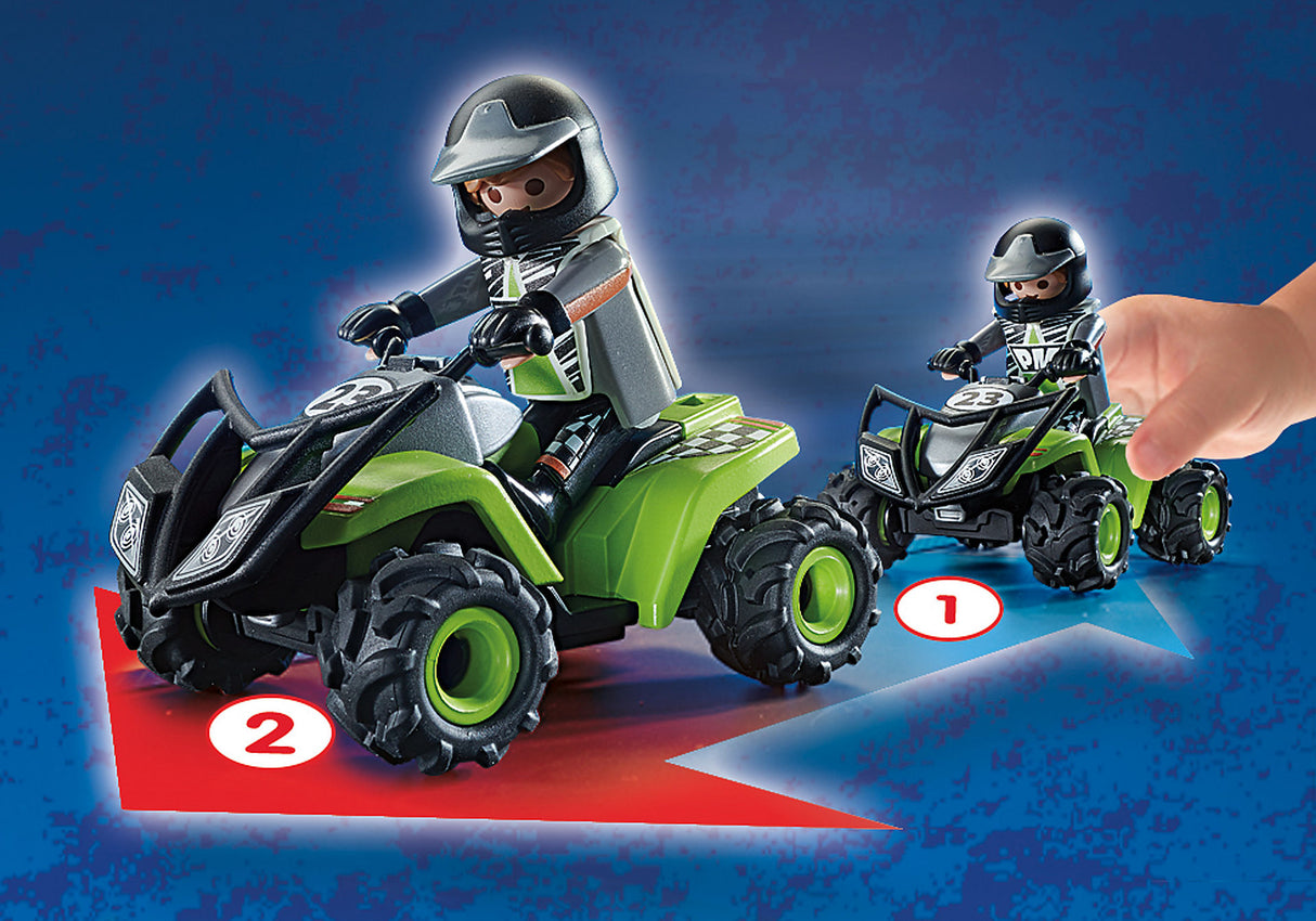 Playmobil Racing Quad set with racecar driver, protective gear, and pull-back motor for thrilling off-road adventures.