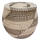 Seagrass basket with durable plastic weaving, blending natural elegance with modern design for stylish home organization.