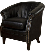 Luxurious black leather tub chair featuring brass nail detailing, durable birch frame, and innovative three-level foam cushioning.