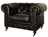 Luxurious Hampton Court 1 Seater Belon Black sofa in top grain leather with brass detailing, perfect for stylish comfort.