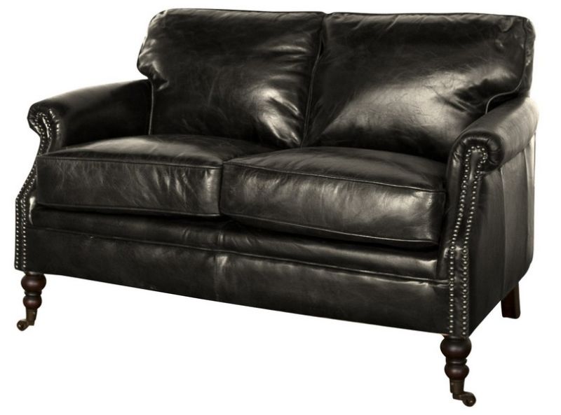 Sleek Winchester 2-seater sofa in Belon Black leather, featuring high-density foam cushioning and a robust timber frame.