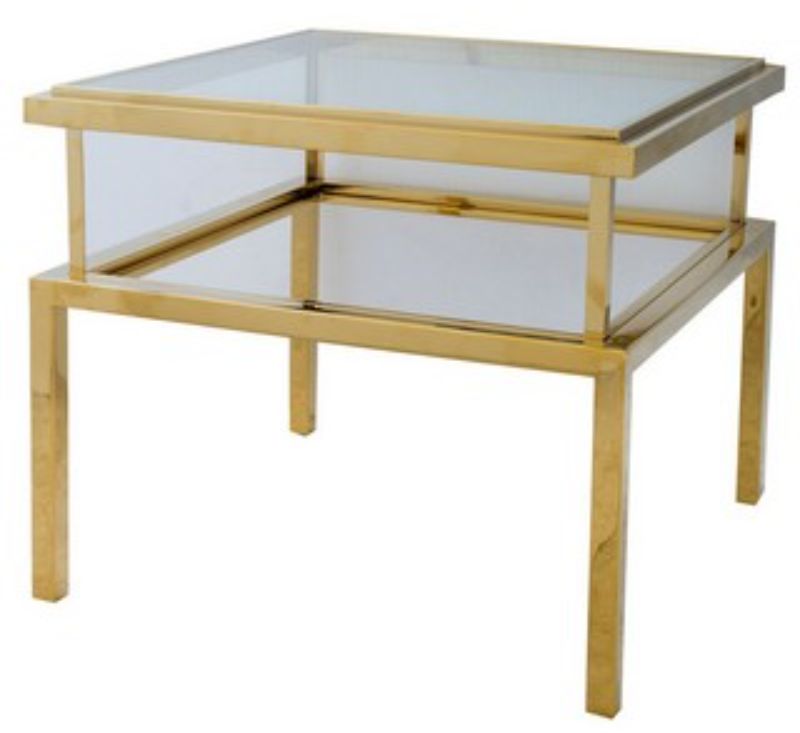 Elegant Clarion side table featuring a gold frame with clear glass and mirror surfaces, perfect for modern home decor.