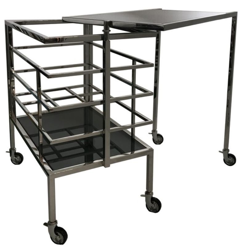 Sleek black glass cocktail trolley with stainless steel frame, rolling wheels, and rotating shelf for stylish beverage service.