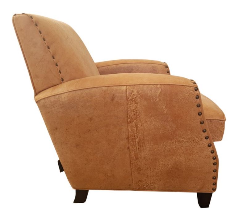 Vito Armchair in Destroyed Camel, featuring top grain leather, solid timber frame, and brass detailing for classic comfort.