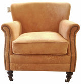Mortimer Bigger Leather Armchair in Destroyed Camel, featuring top grain leather, solid timber frame, and brass detailing.