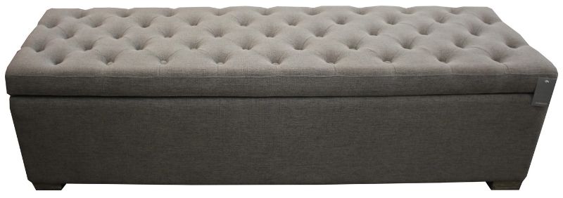 Grey linen ottoman blanket box with timber frame and metal handles, offering stylish storage and versatile seating.