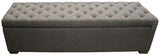 Grey linen ottoman blanket box with timber frame and metal handles, offering stylish storage and versatile seating.