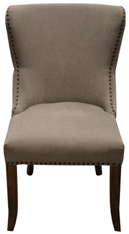 Elegant grey linen dining chair with buttoned back and sturdy American oak frame, adding sophistication to any dining space.