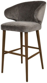 Stylish grey chenille barstool with curved design, timber frame, and brass legs, perfect for modern living spaces at 65cm height.