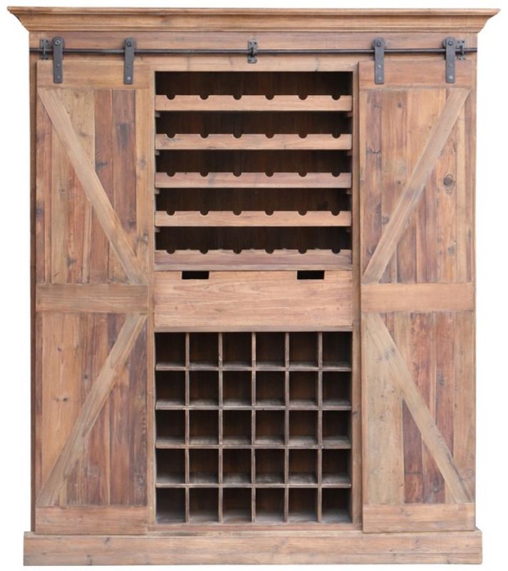 Rustic bar and wine unit with sliding doors, reclaimed pine, ample storage for bottles and glasses, perfect for home entertainment.