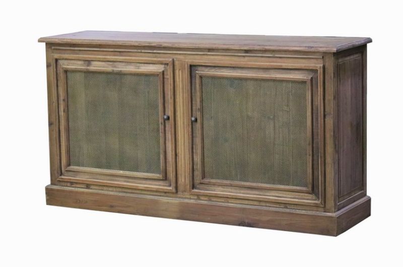 Rustic sideboard with chicken wire doors, crafted from 50-year-old pine, perfect for stylish storage in country chic decor.