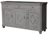 Distressed grey sideboard made from old pine, featuring three drawers and three cupboards for stylish storage.