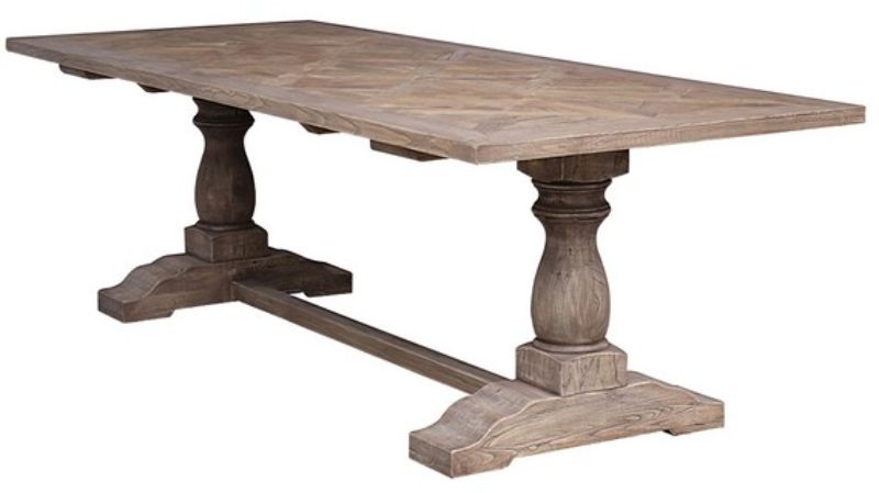 Elegant 2.5m dining table with a geometric parquet elm top and stable pedestal base, seats 6-8 guests beautifully.