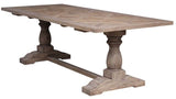 Elegant 2.5m dining table with a geometric parquet elm top and stable pedestal base, seats 6-8 guests beautifully.