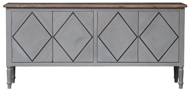 Elegant grey buffet with old elm top, featuring four doors and diamond inlay, perfect for stylish storage in any living space.