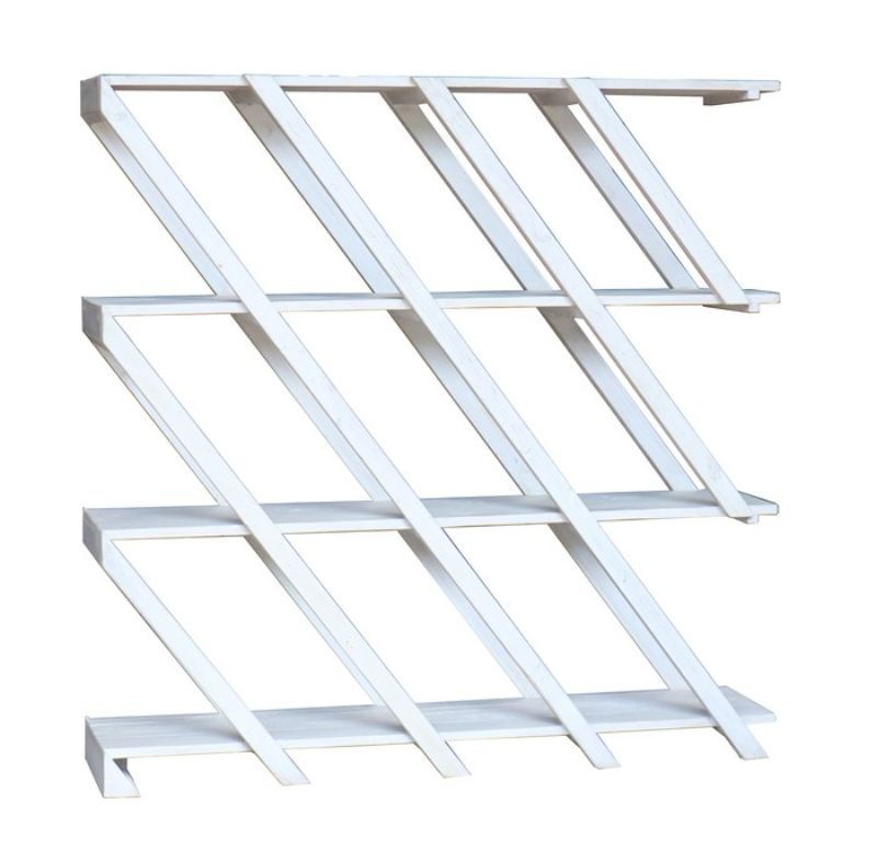 Antique white diagonal shelving unit made of old pine, perfect for stylish storage and display in any room.