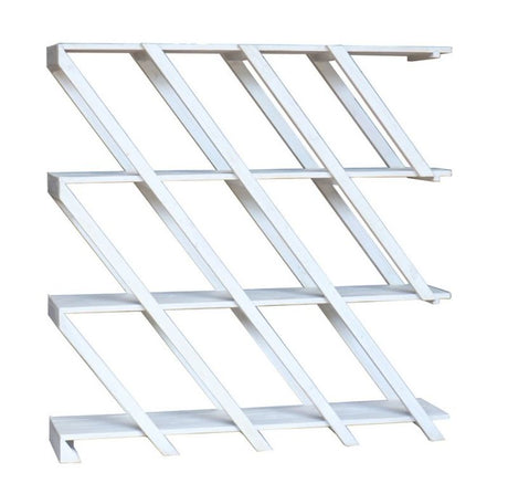 Antique white diagonal shelving unit made of old pine, perfect for stylish storage and display in any room.
