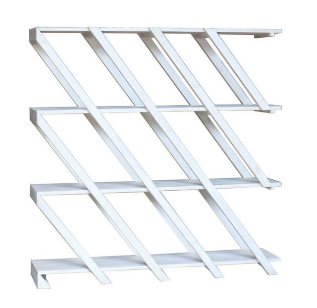 Antique white diagonal shelving unit made of old pine, perfect for stylish storage and display in any room.