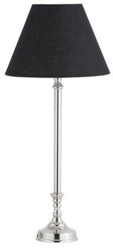 Polished nickel table lamp with a black linen shade, ideal for soft illumination and modern home decor.