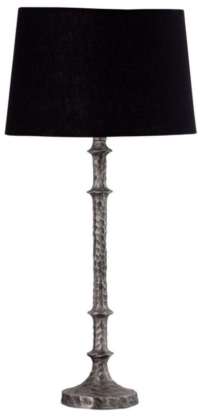 Elegant table lamp with a silver antique base and black cotton shade, perfect for soft ambient lighting in any room.