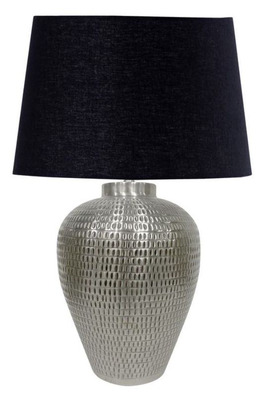 Elegant antique silver table lamp with black cotton shade, perfect for stylish home lighting in any decor.