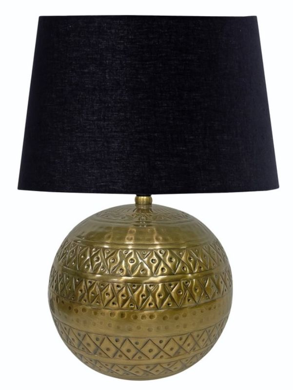 Antique brass table lamp with a black cotton shade, ideal for vintage and modern home decor, 230mm x 210mm.