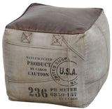 Leather and canvas square ottoman featuring rustic charm, sturdy construction, and versatile use as a seat or accent piece.