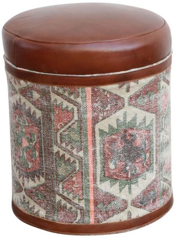 Aztec Ottoman featuring a buffalo leather top, rustic canvas design, and solid timber frame, perfect for accent or seating.