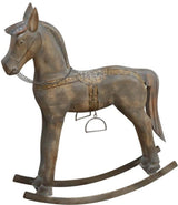 Rocking horse ornament in wood and metal, 63cm tall, with intricate saddle and reins, perfect for stylish home decor.