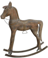 Intricate wooden rocking horse ornament, 82cm tall, perfect for adding vintage charm to home decor in any setting.