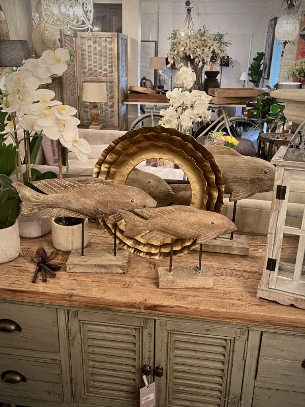 Wooden fish decor measuring 32cm, crafted from high-quality wood, perfect for adding a serene coastal touch to your home.