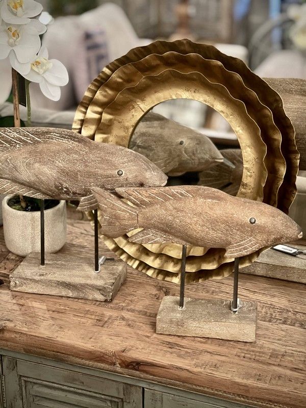 Wooden fish sculpture measuring 53cm, crafted from premium wood, perfect for enhancing coastal-themed home decor.