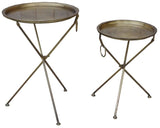 Elegant gold side tables set of 2 with varying heights, antiqued metal finish, perfect for accentuating any living space.