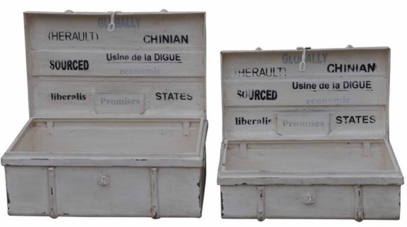 Set of 2 antique white trunks made of metal, featuring a distressed finish for vintage charm and functional storage.