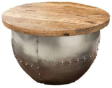 Stylish coffee table with a sturdy metal base and solid wood top, perfect for enhancing industrial or rustic decor.