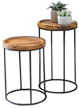 Set of 2 stylish side tables featuring natural wood tops and sturdy metal frames, perfect for decor and storage solutions.