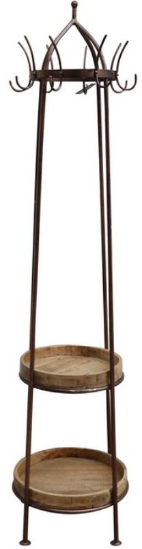 Vintage tall coat hanger made of antiqued metal with wooden shelves, perfect for stylish organization in entryways.