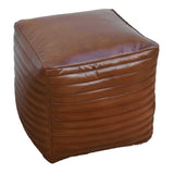 Square buffalo leather ottoman offering rustic charm, durable construction, and versatile use as footrest or accent in any room.