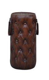 Vintage leather umbrella basket in rich brown, perfect for stylishly organizing umbrellas in any entryway.