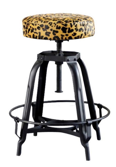 Leopard print leather barstool with adjustable iron base, blending style and comfort for any kitchen or dining area.