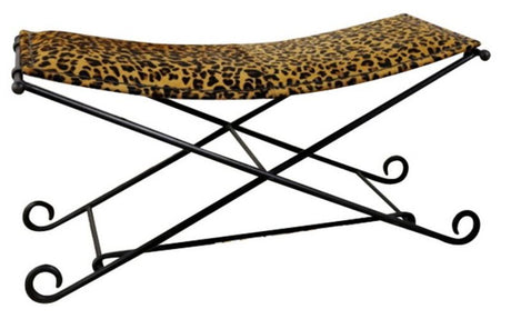 Leopard print cowhide long stool with an iron frame, stylish and durable, perfect for extra seating and home decor.