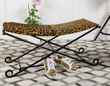 Leopard print leather long stool with durable iron frame, perfect for stylish seating and home decor enhancement.