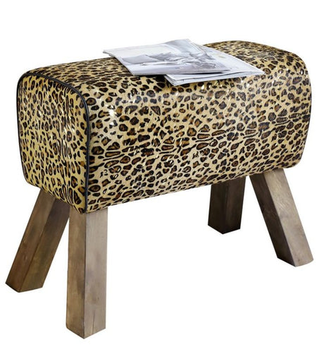 Leopard print leather stool with a durable mango wood frame, perfect as a stylish seat or footrest for any room.