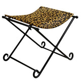 Leopard Leather Stool featuring premium cowhide, iron frame, stylish leopard print, and versatile for any decor.