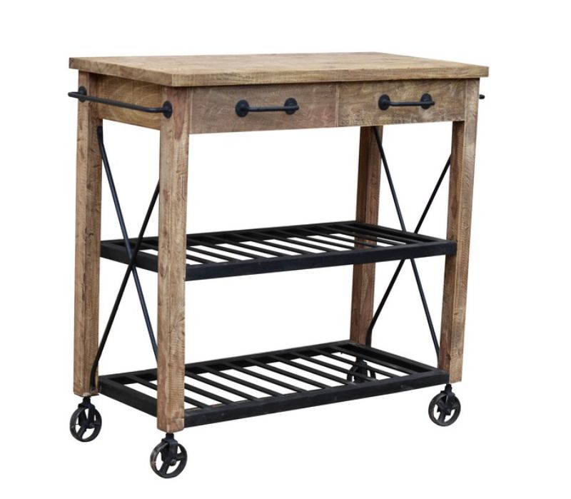 Stylish mango wood kitchen island on wheels with two drawers for storage, perfect for meal prep and versatile decor.