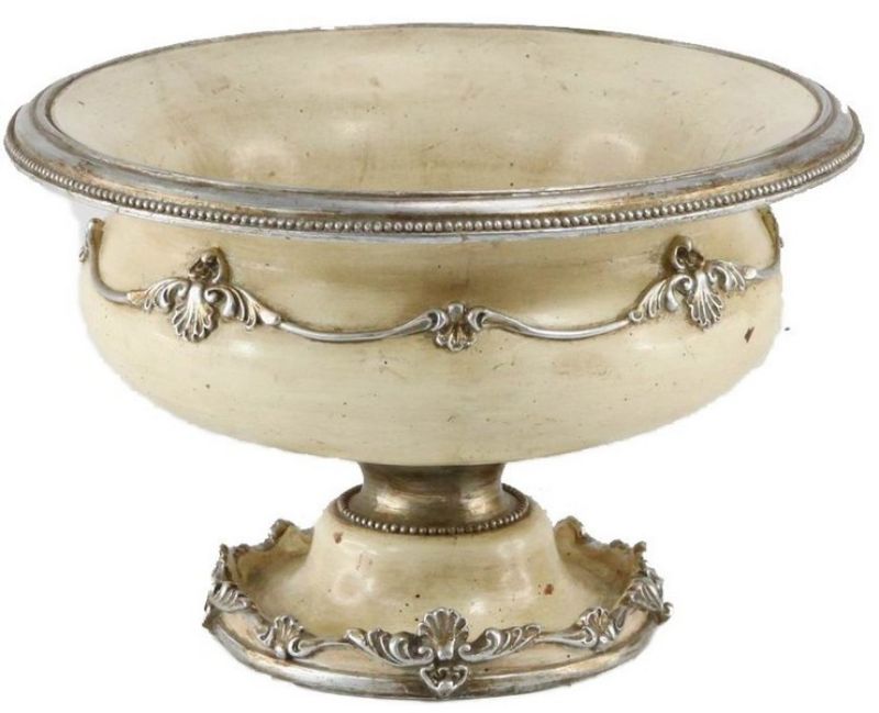 Antiqued cream ceramic urn with elegant detailing, perfect for indoor/outdoor decor and showcasing flowers or plants.