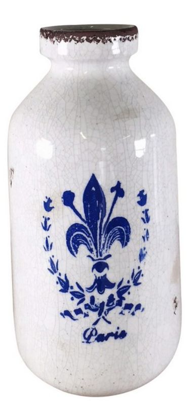 White ceramic ornament with blue Fleur De Lys design, featuring a unique crackle finish, measuring 19 x 19 x 40.5 cm.