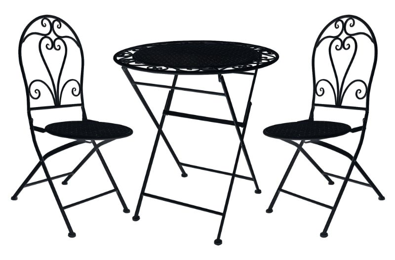 Elegant Outdoor Cafe Setting in Antique Black with ornate chair detailing, perfect for enhancing patios and gardens.